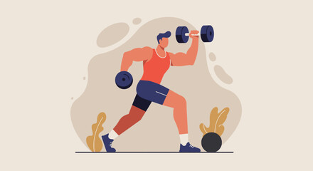 Muscular man exercising with dumbbells, flat design illustration, perfect for fitness websites, landing pages, marketing banners, and presentations.