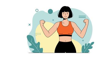 Strong woman illustration in flat design, perfect for landing pages, banners, marketing materials, presentations, and web design projects needing a powerful and healthy female image.