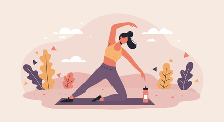 Flat design illustration of a woman exercising outdoors on a yoga mat, promoting a healthy lifestyle and fitness.