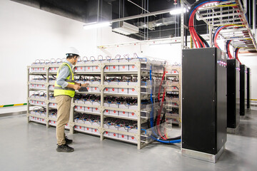  asian technician performs maintenance on backup power system battery