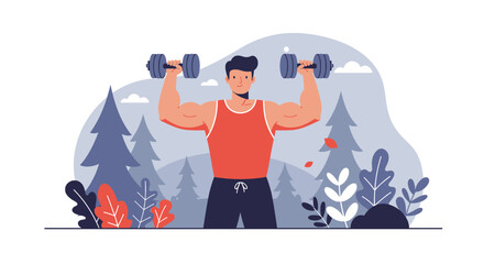 Fit man with dumbbells exercising outdoors in a stylized forest, representing health and fitness for web design.