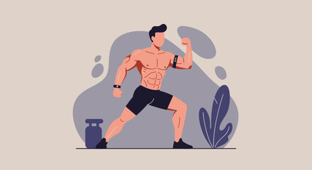 A strong, fit man with defined muscles is actively engaged in a workout session, depicted in a modern flat design illustration suitable for web use.