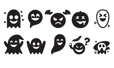 Set of Halloween funny spooky emoji ghost silhouette Vector illustration on white background