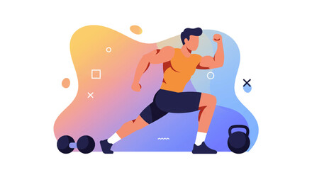 Muscular man in sportswear lunging dynamically, flat design illustration ideal for fitness websites, marketing banners, and presentation slides, showcasing health and strength.