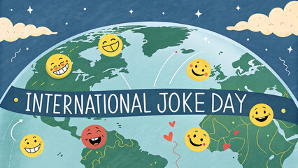 Happy international joke day celebration with smiling emojis around the globe