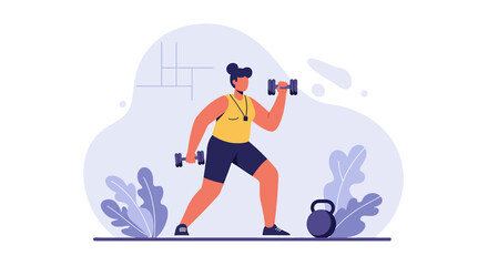 Fototapeta premium A dynamic illustration showcases a fitness trainer demonstrating dumbbell exercises, emphasizing workout routines and healthy lifestyle choices in a modern flat design style, ideal for marketing