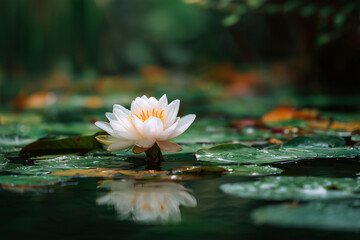 Beautiful lotus flower resting on a person&rsquo;s hand extended over water, green tropical forest blurred behind