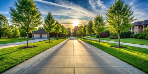Obraz premium Serene Sunset View of a Long Private Driveway Lined with Lush Green Trees and a Modern Home