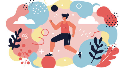 A vibrant flat design illustration depicts a woman jogging amidst abstract shapes and botanical elements, ideal for a marketing banner or infographic on healthy living.