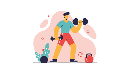A man in a vibrant flat design illustration actively lifts dumbbells, symbolizing fitness, health, and a strong, active lifestyle concept.