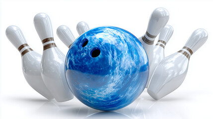 Bowling strike concept. Blue Bowling Ball hits bowling pins. Transparent background -