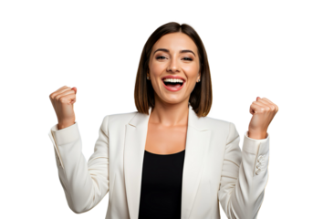 A businesswoman holding a success pose with a big smile, isolated 