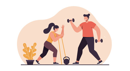 Fitness class banner: Flat design illustration of a personal trainer assisting a woman with strength training exercises using dumbbells and resistance bands, ideal for landing page, marketing, or