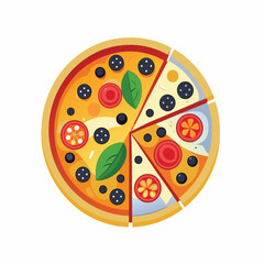 Pizza slice and whole pizza vector icon with melted cheese and toppings on background