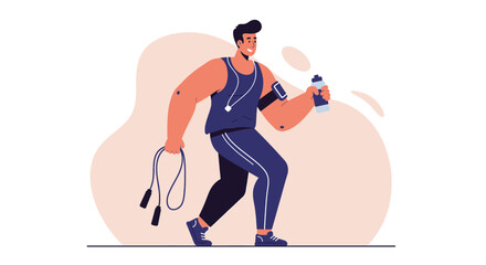 A fit man in sportswear is depicted in a modern flat design, holding a jump rope and water bottle, perfect for marketing a fitness app or health product.
