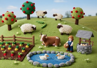 A detailed knitted farm scene with sheep, a cow, a person, trees, a vegetable garden, ducks in a pond, and a stone well on a grassy hill.