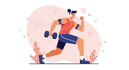 Fitness Infographic: Flat Design Illustration of a Man Exercising with Dumbbells, Perfect for Landing Page Banners, Marketing Materials, Web Design, Presentations, and Social Media.
