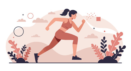 A dynamic illustration showcases a woman in activewear jogging, designed in a flat style with a focus on fitness, health, and outdoor activity promoting a healthy lifestyle.