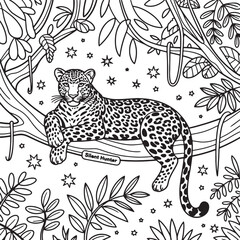 Leopard Resting on Tree &ndash; Jungle Coloring Page | Silent Hunter Illustration