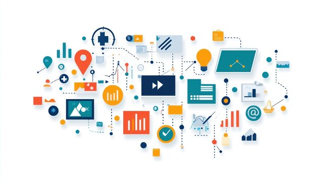 Abstract graphic design with interconnected colorful icons, representing various business processes and data visualizations