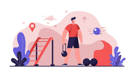 A muscular man is depicted in a flat design illustration, exercising outdoors with a kettlebell, suitable for a fitness landing page or marketing banner.