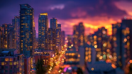 Obraz premium City Skyline at Twilight: High-rise buildings stand tall as the sun sets, illuminating the vibrant cityscape with a warm, inviting glow that paints the sky with beautiful hues. 