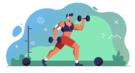 Fitness illustration of a muscular woman doing lunges with dumbbells, ideal for fitness websites, workout apps, and gym marketing materials, featuring a flat design style and vibrant color palette.