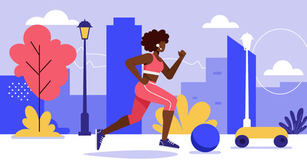 A vibrant flat illustration showcases a Black woman jogging confidently in a city park, promoting health and fitness for a modern landing page or marketing banner.