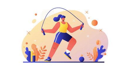 Flat design illustration of a woman energetically jumping rope, promoting fitness and healthy lifestyle for web banners and marketing.
