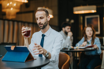 A professional man using a tablet while drinking tea in a modern coffee shop. Casual conversation in the background.