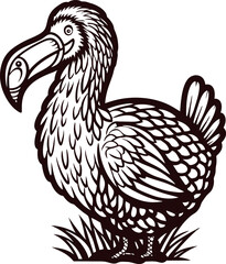 Fototapeta premium Detailed hand drawn dodo bird illustration with intricate feathers and grass elements isolated on white background