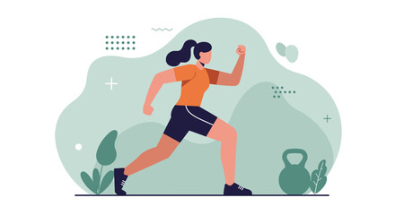 Dynamic flat design illustration of a woman running with a kettlebell and abstract shapes, perfect for fitness marketing and web banners.