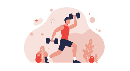 An illustrated man performs a dumbbell lunge exercise in a flat design style, ideal for fitness and wellness presentations, marketing materials, and web design projects.