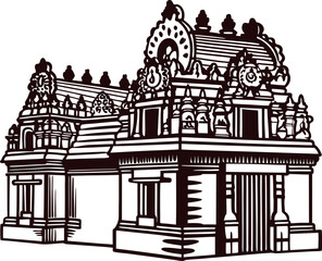 Intricate hand drawn hindu temple with traditional indian architectural ornaments and detailed dome carvings