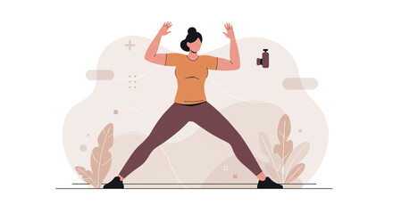 A modern flat illustration depicts a woman exercising with arms raised, ideal for a website landing page promoting fitness and healthy lifestyle marketing campaigns.