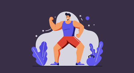 Muscular man flexing in a dynamic flat design illustration, perfect for fitness marketing and web presentation.