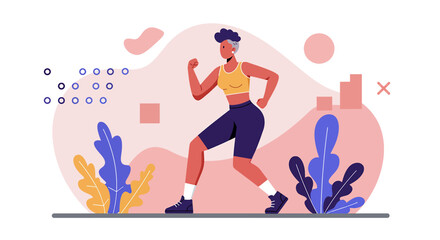 Active woman exercising on a vibrant landing page with abstract shapes and plants, representing health and fitness marketing.