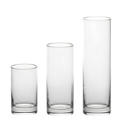 Clean Arrangement of Three Clear Glass Cylindrical Vases in Graduated Heights – Isolated on White or Transparent Background