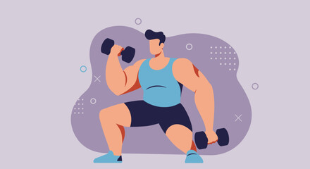 A strong man performs a dumbbell squat or lunge, demonstrating fitness and a healthy lifestyle in a modern flat design illustration style.