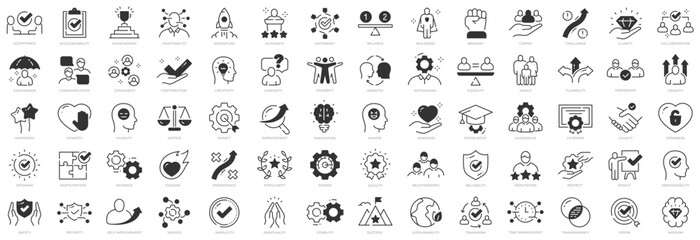 Core values black icons. Editable stroke