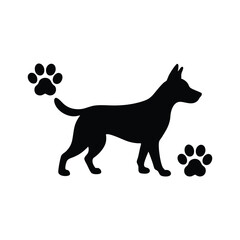 Playful dog walking with paw print trail Vector silhouette