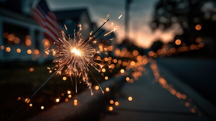 Sparkler Celebrations in the Night: A radiant sparkler illuminates a serene neighborhood scene. Bursting with bright lights, the sparkler paints the night with golden trails.