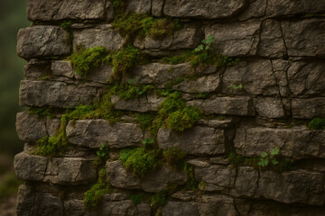 Obraz premium Mossy Stone Wall with Natural Green Texture and Weathered Rock Layers