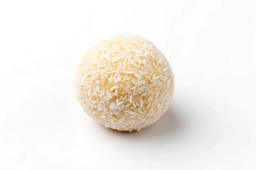 Single Coconut Ball Rolled in Desiccated Coconut on White Background