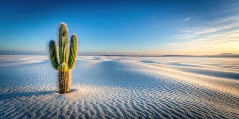 A lone cactus bravely stands in the heart of a serene, expansive white sand dune landscape under a breathtaking sunset sky