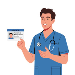 male nurse or doctor wearing blue scrubs and a stethoscope, holding a patient ID card. Flat vector illustration on white background