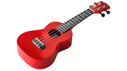 Bright red ukulele on transparent background ready for music-making and performance at any gathering or event