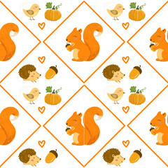 Seamless Autumn Pattern with Cute Forest Animals – Squirrel, Hedgehog, Bird, Pumpkin and Acorn