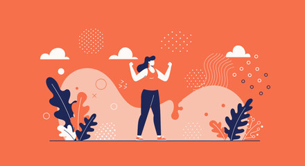 A confident woman stands strong amidst abstract organic shapes and clouds, representing personal growth and achievement in a vibrant flat design illustration.