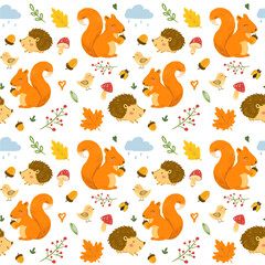 Seamless Autumn Pattern with Cute Forest Animals – Squirrel, Hedgehog, Bird, Pumpkin and Acorn